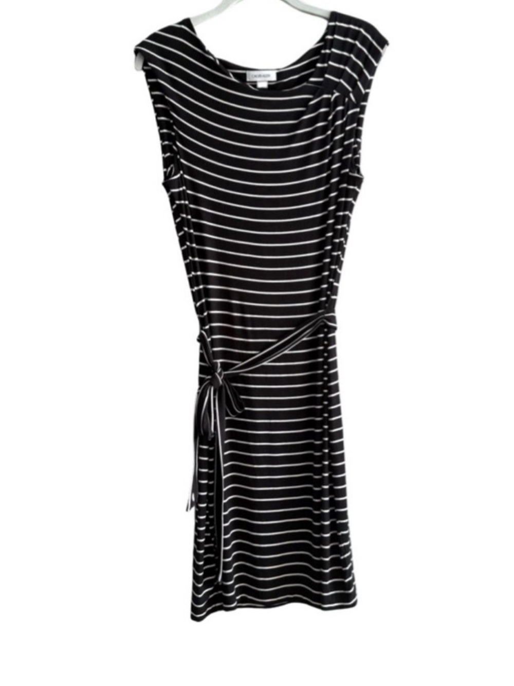 Calvin Klein Sleeveless Dress Belted Jersey Knit Black White Size 10